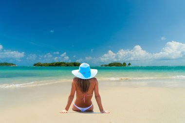 Tropik plajda bikinili bir kadın.