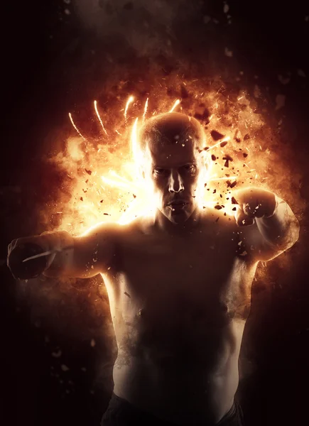 Man with katana over explosion background — Stock Photo, Image