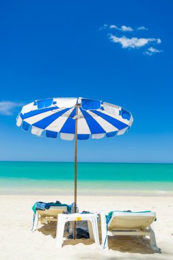 Beach chairs on the sand beach with cloudy blue sky  clipart