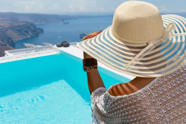 Woman Holidays Santorini Island Greece — Stock Photo, Image