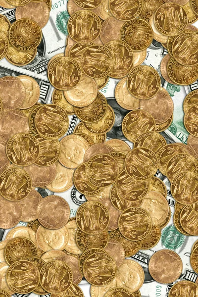 Lots Gold Coins 100 Usd Bank Notes — Stock Photo, Image