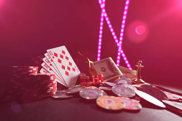 Set Casinò Con Roulette Carte Dadi Fiches Tappetino Blackjack — Foto Stock