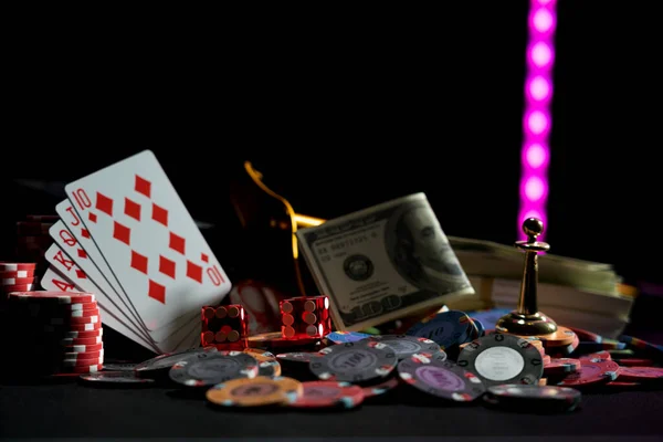 Set Casinò Con Roulette Carte Dadi Fiches Tappetino Blackjack — Foto Stock