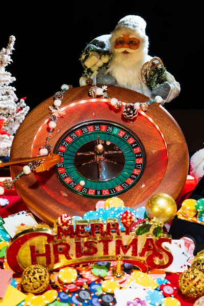 Kerst Casino Set Met Roulette Kaarten Dobbelstenen Chips — Stockfoto