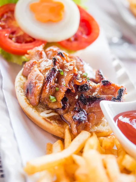 Yummy chicken burger with fries — Stock Photo, Image