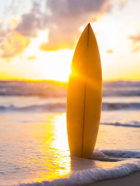 Planche de surf sur la plage au coucher du soleil — Photo