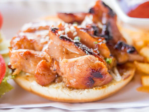 Yummy chicken burger with fries — Stock Photo, Image