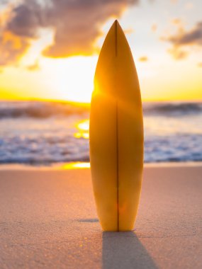 Surfboard on the beach at sunset clipart