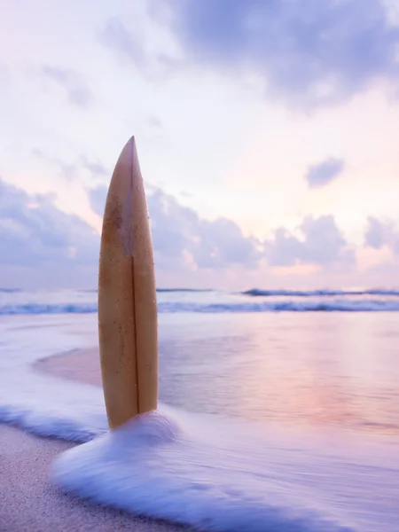Surfplank op het strand bij zonsondergang — Stockfoto