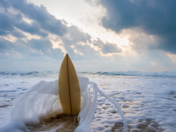 Surfplank op het strand bij zonsondergang — Stockfoto