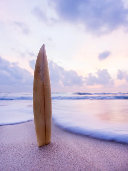 Surfingbräda på stranden vid solnedgången — Stockfoto