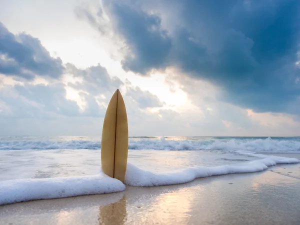 Surfboard na pláži při západu slunce — Stock fotografie