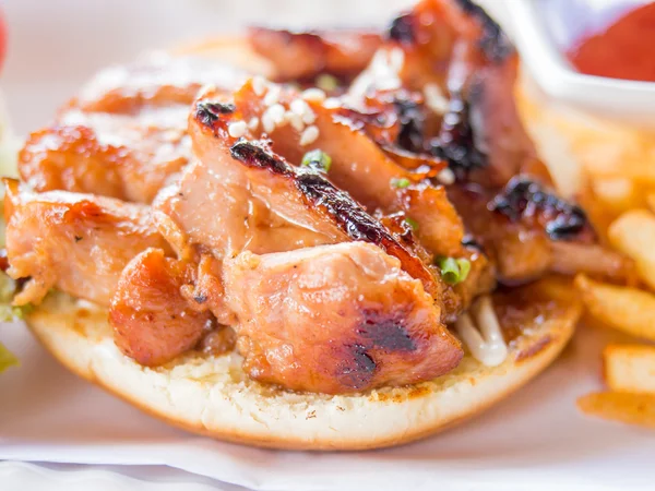 Yummy chicken burger with fries — Stock Photo, Image