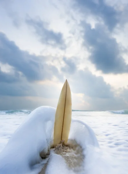 Surfplank op het strand bij zonsondergang — Stockfoto