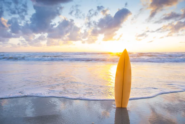 Surfbrett am Strand bei Sonnenuntergang — Stockfoto