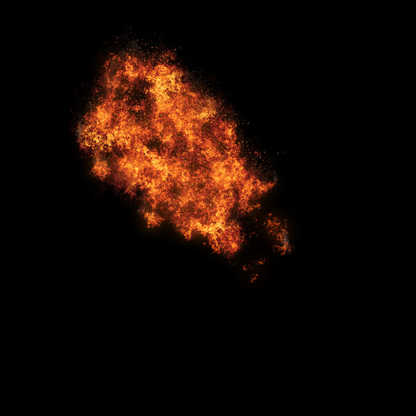 Realistic fiery explosion busting over a black.