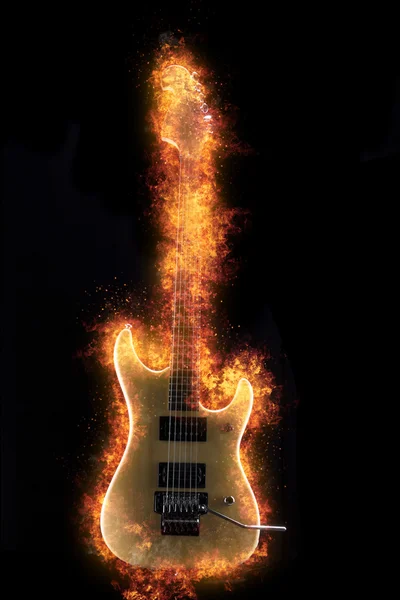 Guitarra elétrica em chamas no fundo preto — Fotografia de Stock