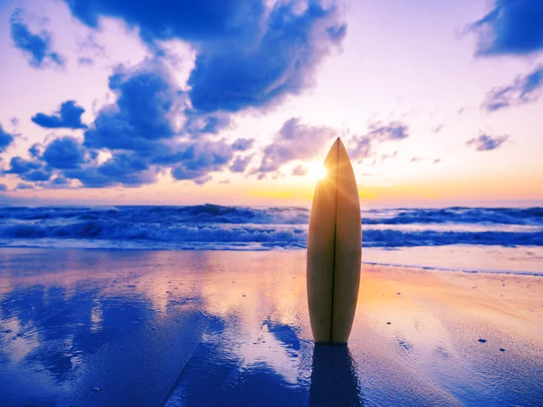 Surfplank op het strand bij zonsondergang — Stockfoto