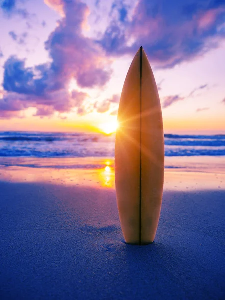 Surfplank op het strand bij zonsondergang — Stockfoto