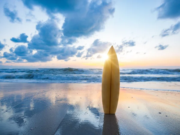 Surfboard on the beach at sunset — Stock Photo, Image