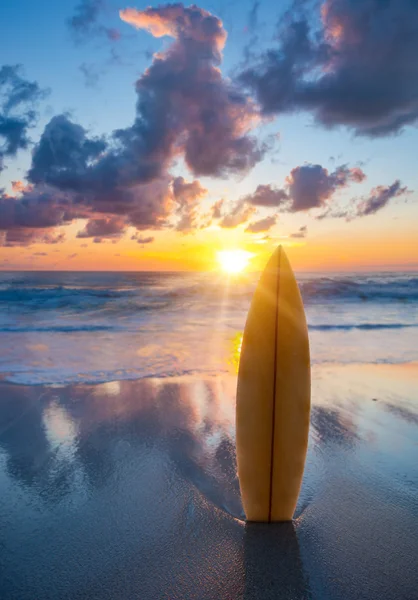 Szörfdeszka a parton naplementekor — Stock Fotó