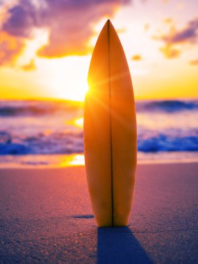 Surfboard on the beach at sunset clipart