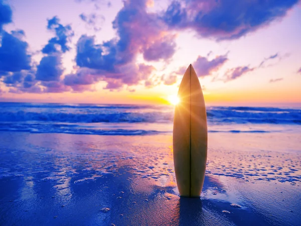 Surfplank op het strand bij zonsondergang — Stockfoto