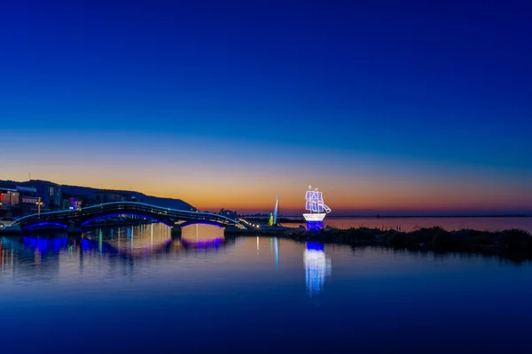 Napnyugtakor Lefkas Görögország Jón sziget híd — Stock Fotó