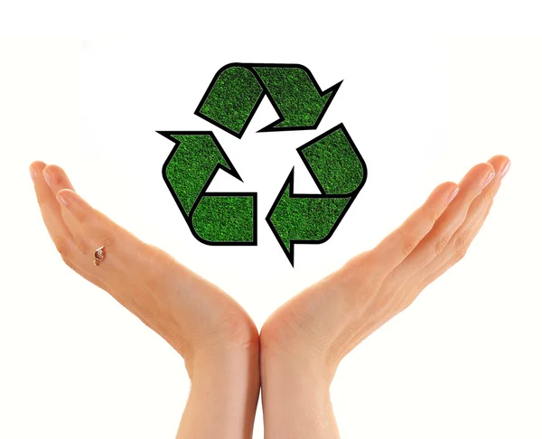 Hands of woman holding with recycling symbol — Stock Photo, Image