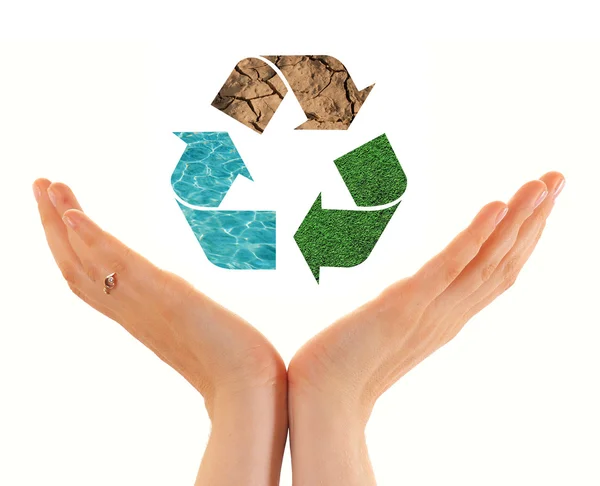 Hands of woman with recycling symbol — Stock Photo, Image