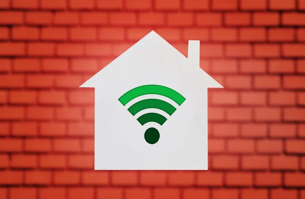 Forma della casa su muro di mattoni rossi con segno wi-fi — Foto Stock