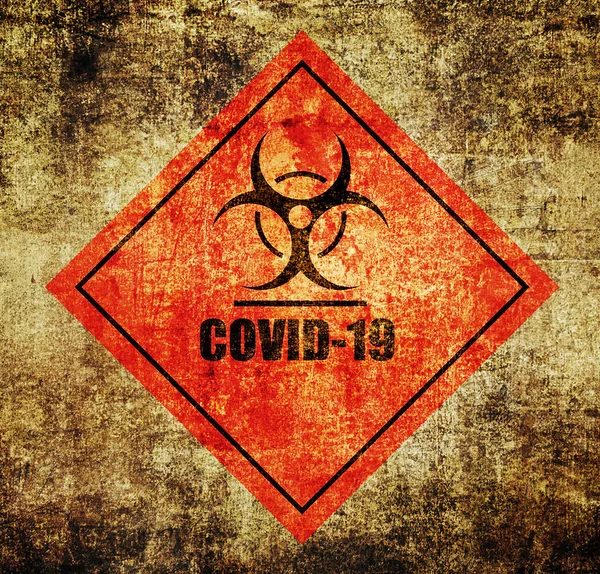 Covid Biohazard Výstražný Štítek Pozadí Grunge — Stock fotografie