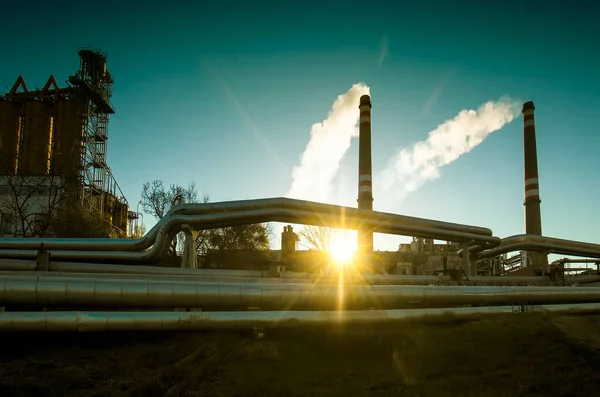 Detail Power Station Smoking Chimney District Heating Tubes — Stock Photo, Image