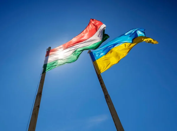 Flags Hungary Ukraine European Union Waving Pole Blue Sky — Stock Photo, Image