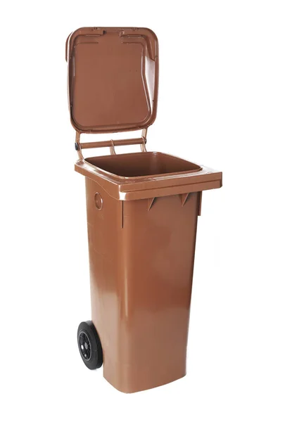 Kahverengi Tekerlekli Çöp Tenekesi Organik Ayrıştırılabilir Atık Için Beyaz Üzerinde — Stok fotoğraf