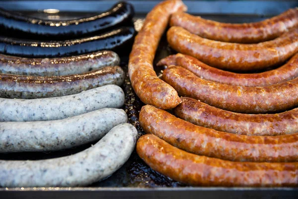 Traditional German Street Food Fried Sausages Big Frying Pan — Stock Photo, Image