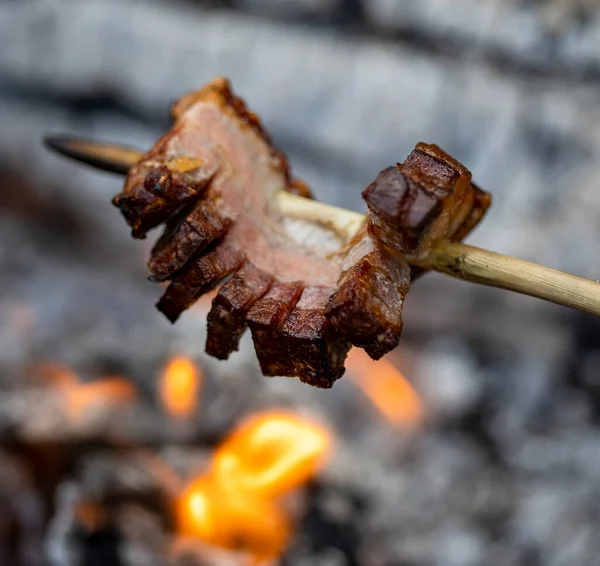 Bacon Skewer Roasted Fire — Stock Photo, Image