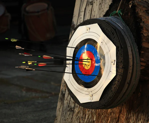 Bullseye with many arrows outdoor — Stock Photo, Image