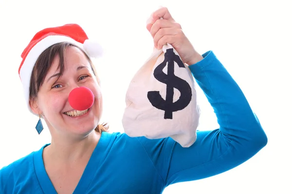 Young santa girl with money sack — Stock Photo, Image