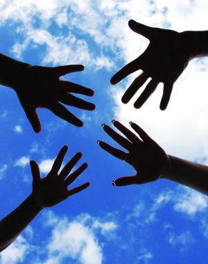 Five hands symbol of union touch against sky clipart