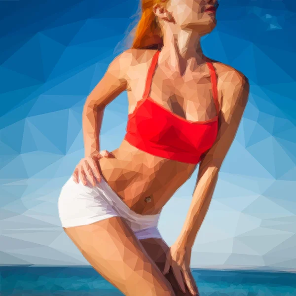 Torso de mulher luxuosa em biquíni branco banhos de sol — Vetor de Stock