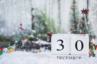 30 Aralık tarihli beyaz ahşap takvim blokları ve karlı Noel süslemeleri. Bulanık arkaplan ile seçmeli odak. 