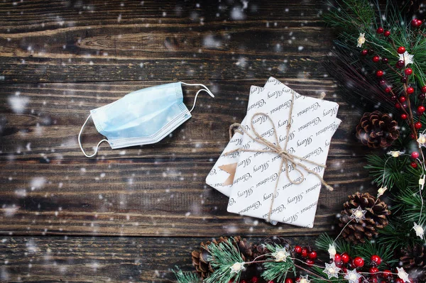 Covid Celebrazione Del Natale Capodanno Con Maschera Medica Luci Dell — Foto Stock