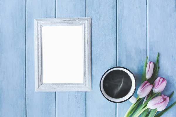 Vertical Empty Picture Frame Steaming Hot Cup Black Coffee Pink — Stock fotografie