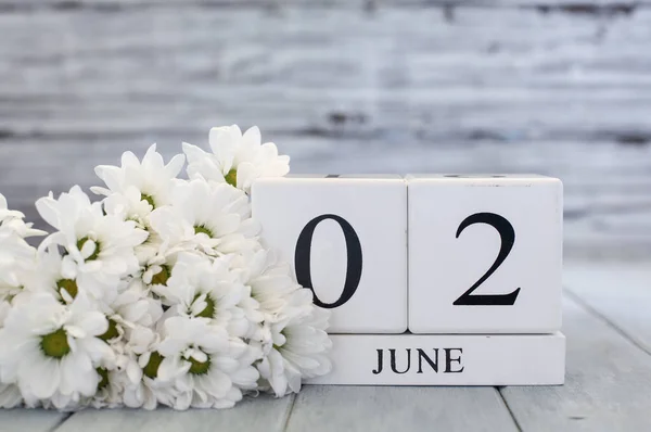 White Wood Calendar Blocks Date June 2Nd White Daisies Selective — Stock Photo, Image