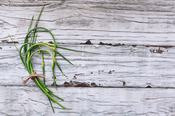 Flatlay Dari Homegrown Segar Bawang Putih Organik Scapes Terikat Bersama — Stok Foto