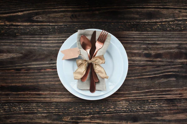 Lugar Vacaciones Con Plato Servilleta Cubiertos Etiqueta Blanco Para Día — Foto de Stock