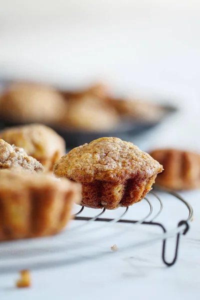 Homemade Banana Muffins Rustic Antique Baker Cooling Rack White Table — Stock Photo, Image