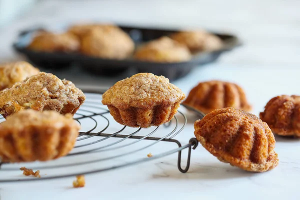 Homemade Banana Muffins Rustic Antique Baker Cooling Rack White Table — Stock Photo, Image