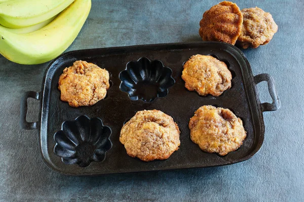 Homemade Banana Muffins Rustic Old Antique Muffin Pan Dark Marble — Stock Photo, Image